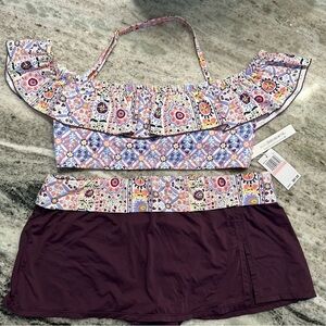 BLEU ROD BEATTIE Skirted Side-slit Hipster Bikini Off-The-Shoulder Top - Size 10